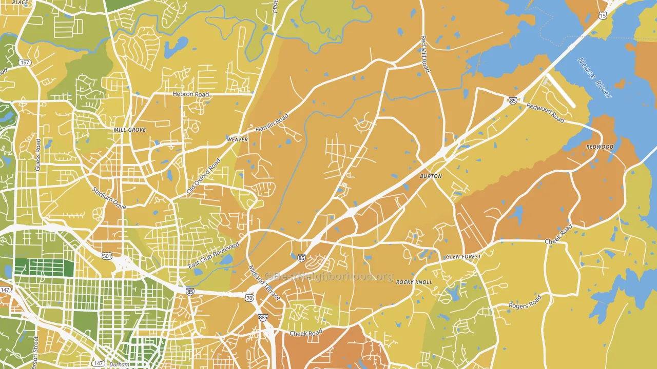 Map of the best neighborhoods in the Northeast Durham, Durham area, with better matches in green and worse matches in red