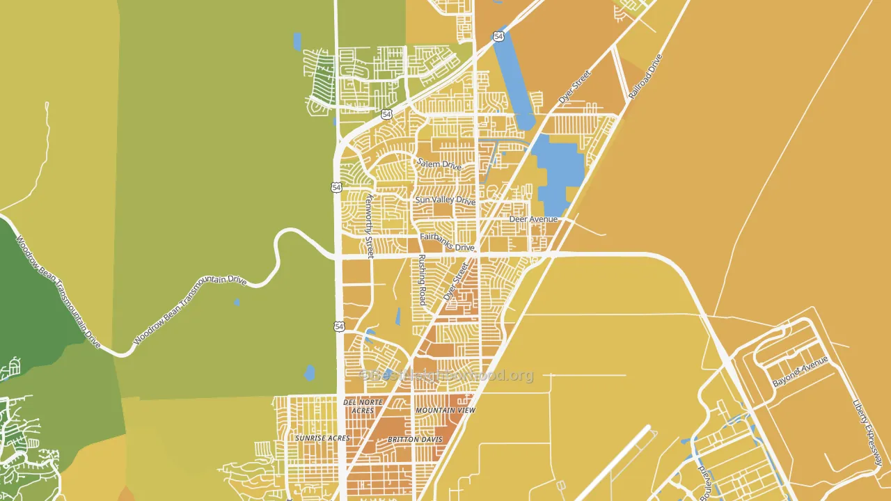 Map of the best neighborhoods in the Northeast, El Paso area, with better matches in green and worse matches in red
