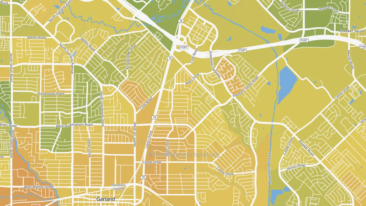 Map of the best neighborhoods in the Northeast Garland, Garland area, with better matches in green and worse matches in red