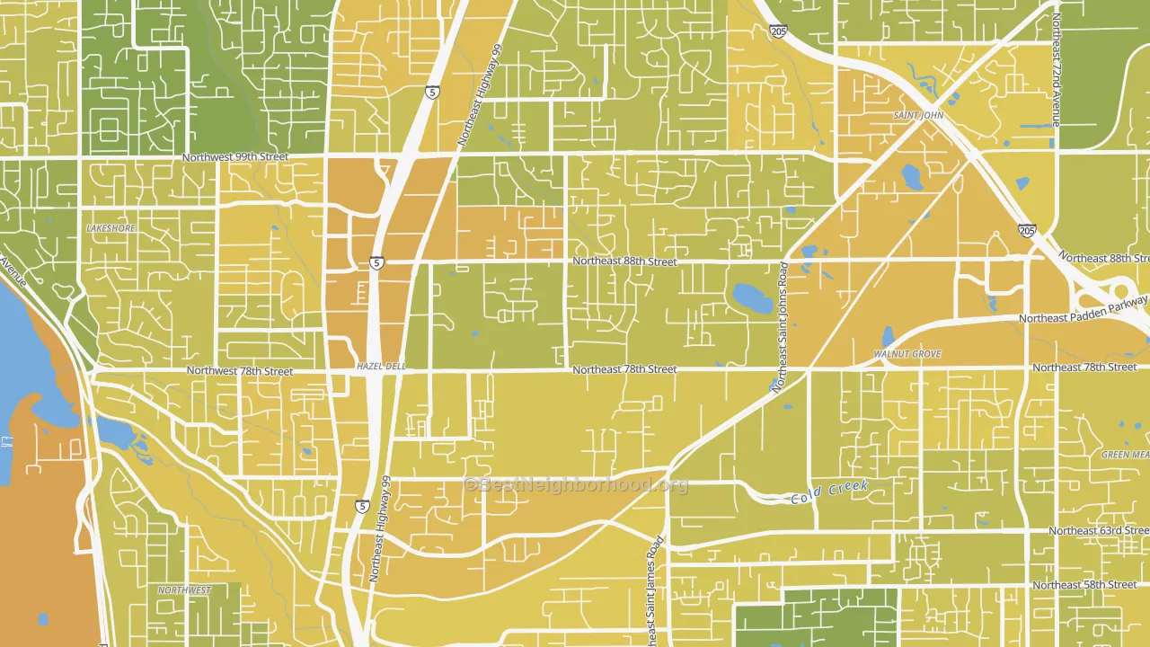 Map of the best neighborhoods in the Northeast Hazel Dell, Hazel Dell area, with better matches in green and worse matches in red