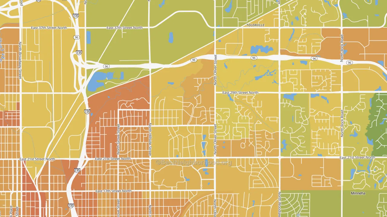 Map of the best neighborhoods in the Northeast Heights, Wichita area, with better matches in green and worse matches in red