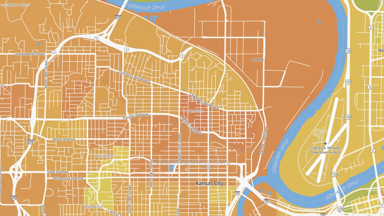 Map of the best neighborhoods in the Northeast, Kansas City area, with better matches in green and worse matches in red