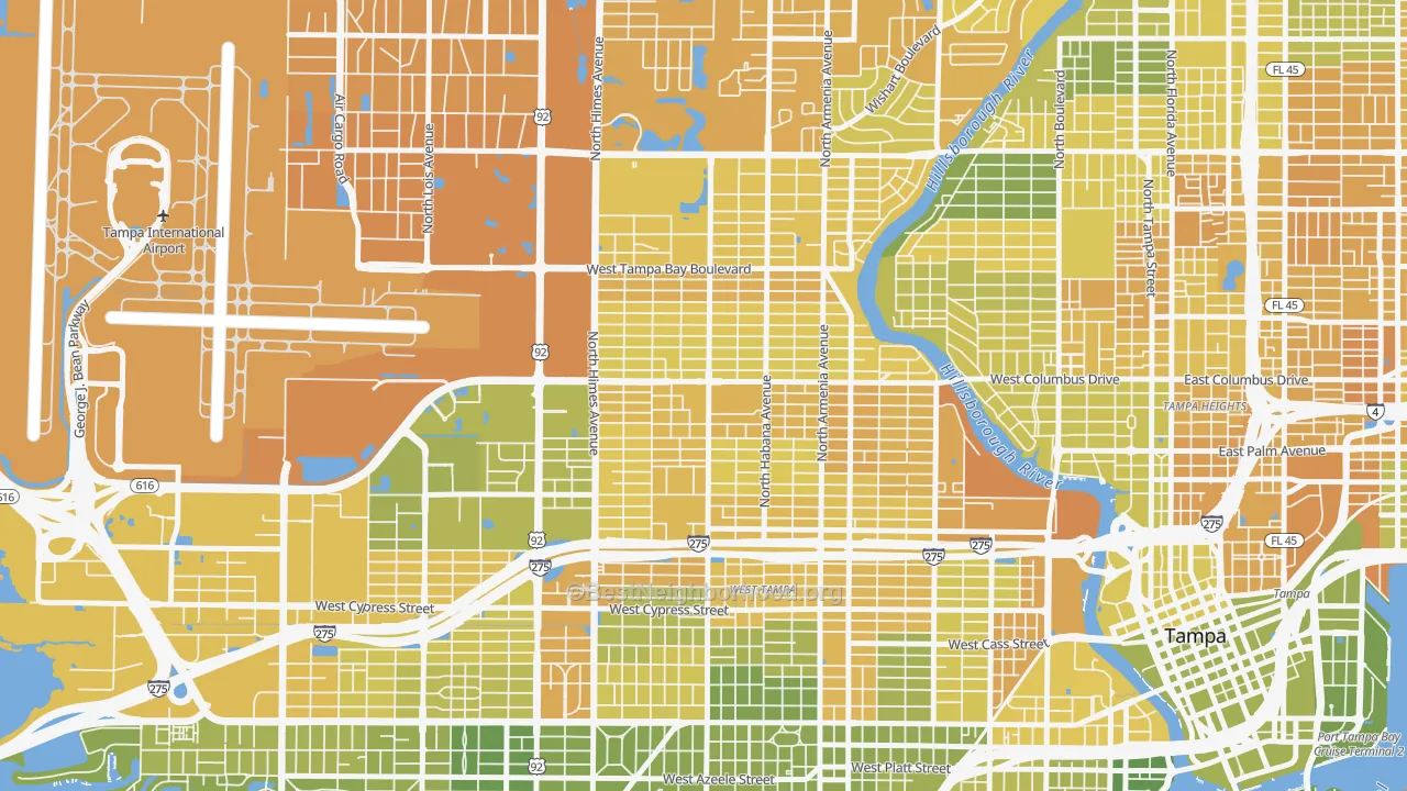 Map of the best neighborhoods in the Northeast MacFarlane, Tampa area, with better matches in green and worse matches in red