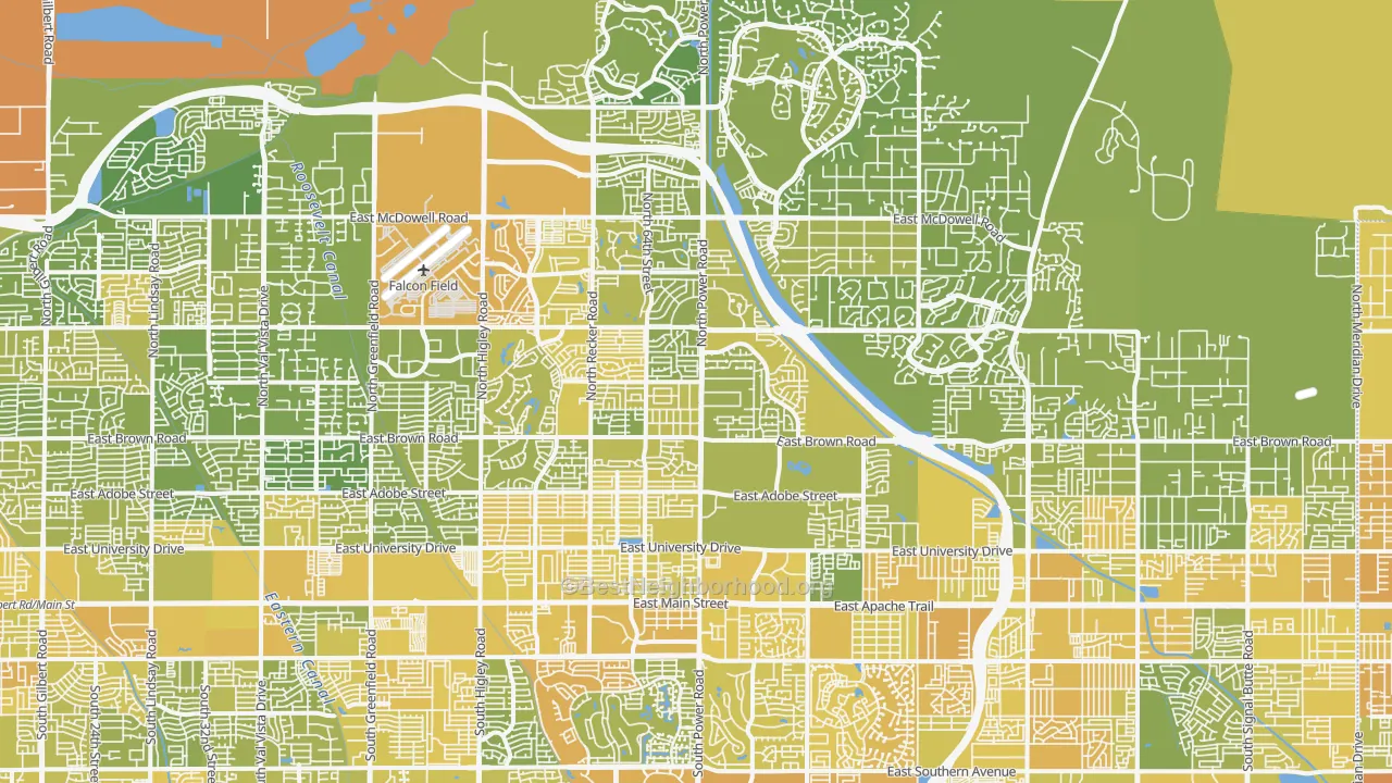 Map of the best neighborhoods in the Northeast, Mesa area, with better matches in green and worse matches in red