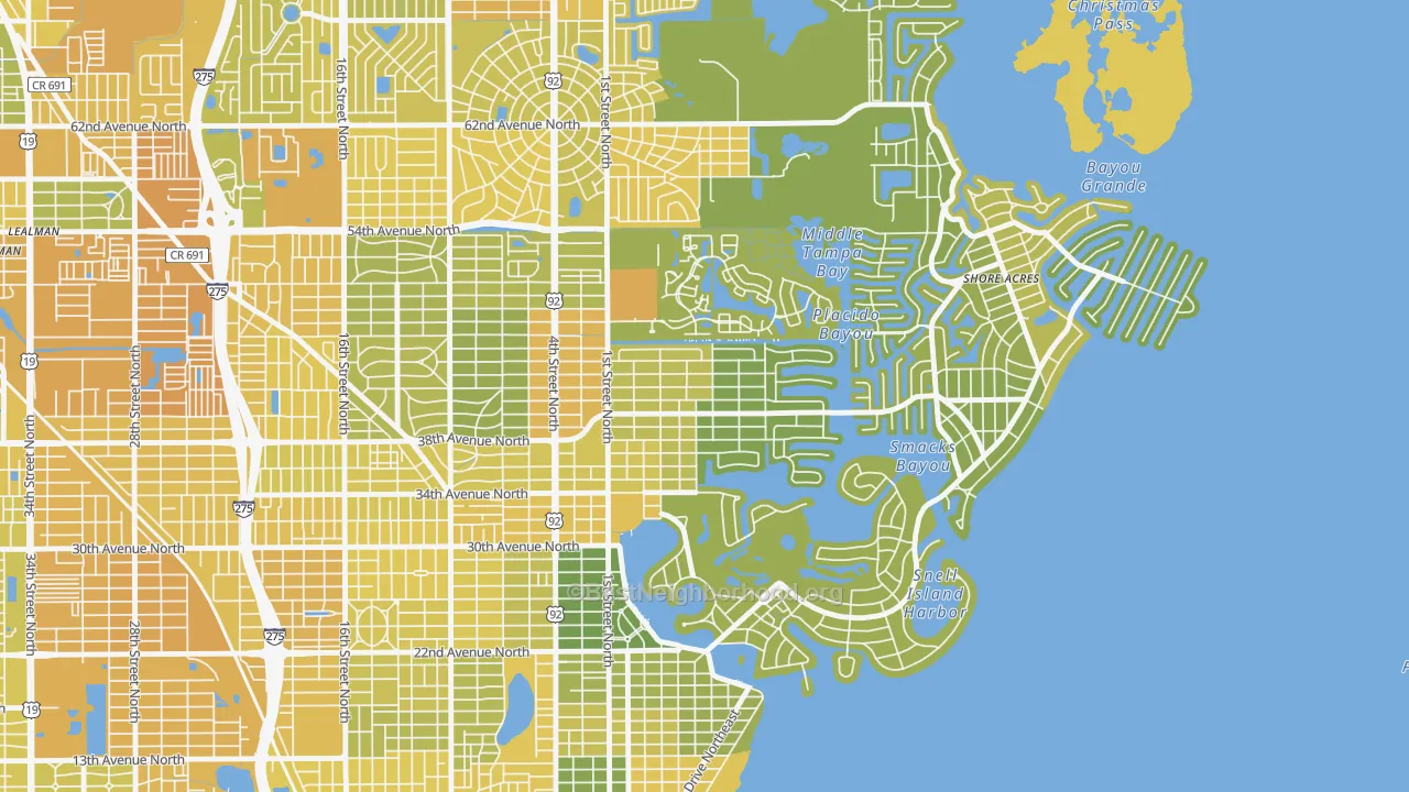 Map of the best neighborhoods in the Northeast Park, St. Petersburg area, with better matches in green and worse matches in red