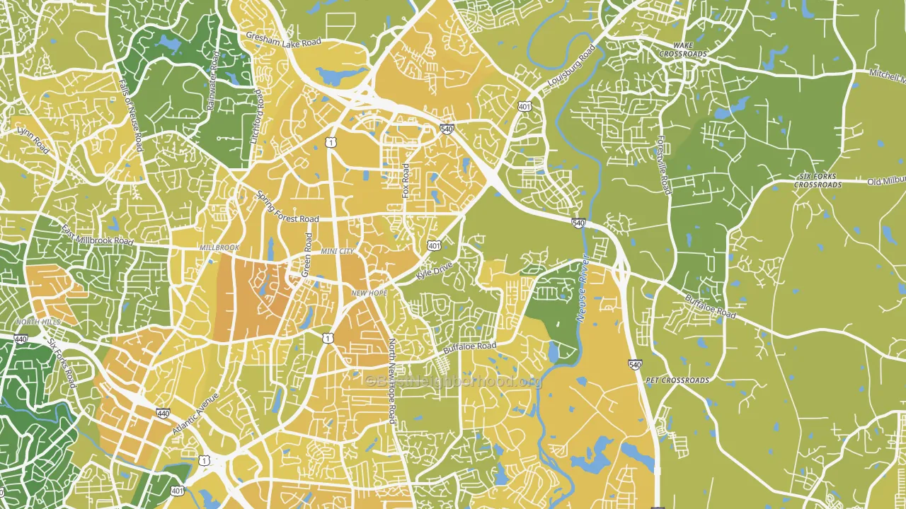 Map of the best neighborhoods in the Northeast Raleigh, Raleigh area, with better matches in green and worse matches in red