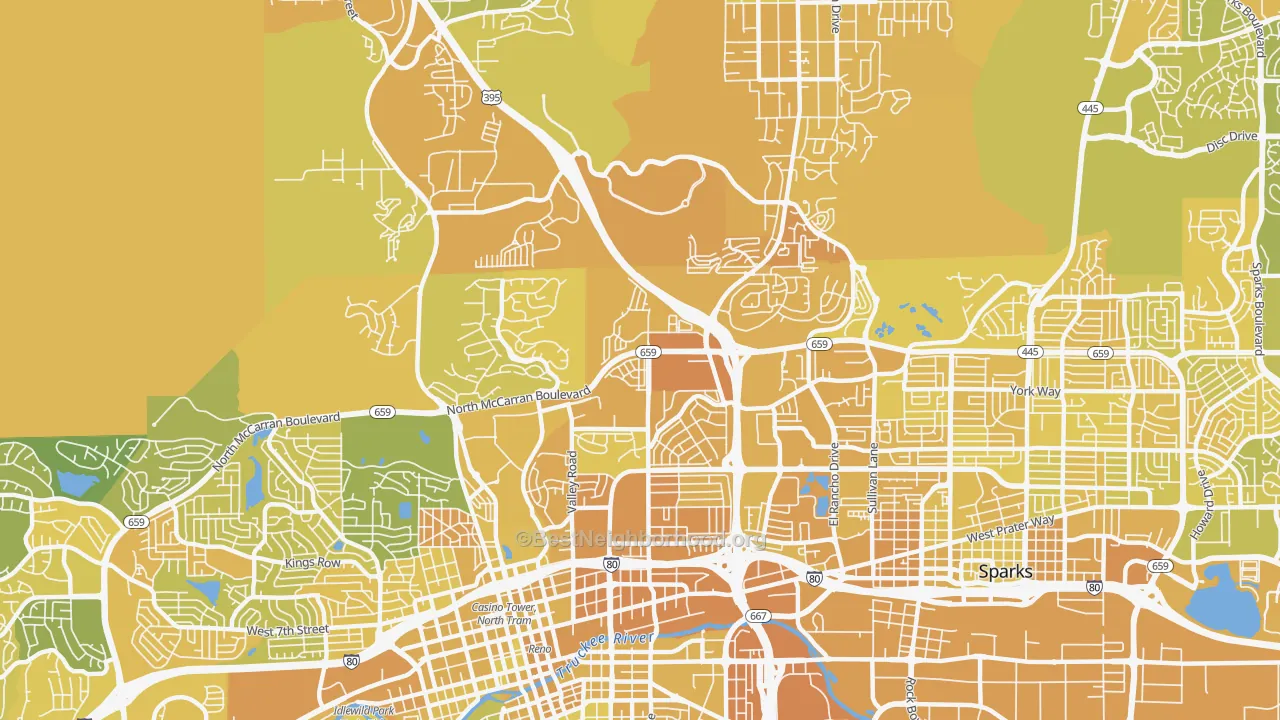 Map of the best neighborhoods in the Northeast, Reno area, with better matches in green and worse matches in red