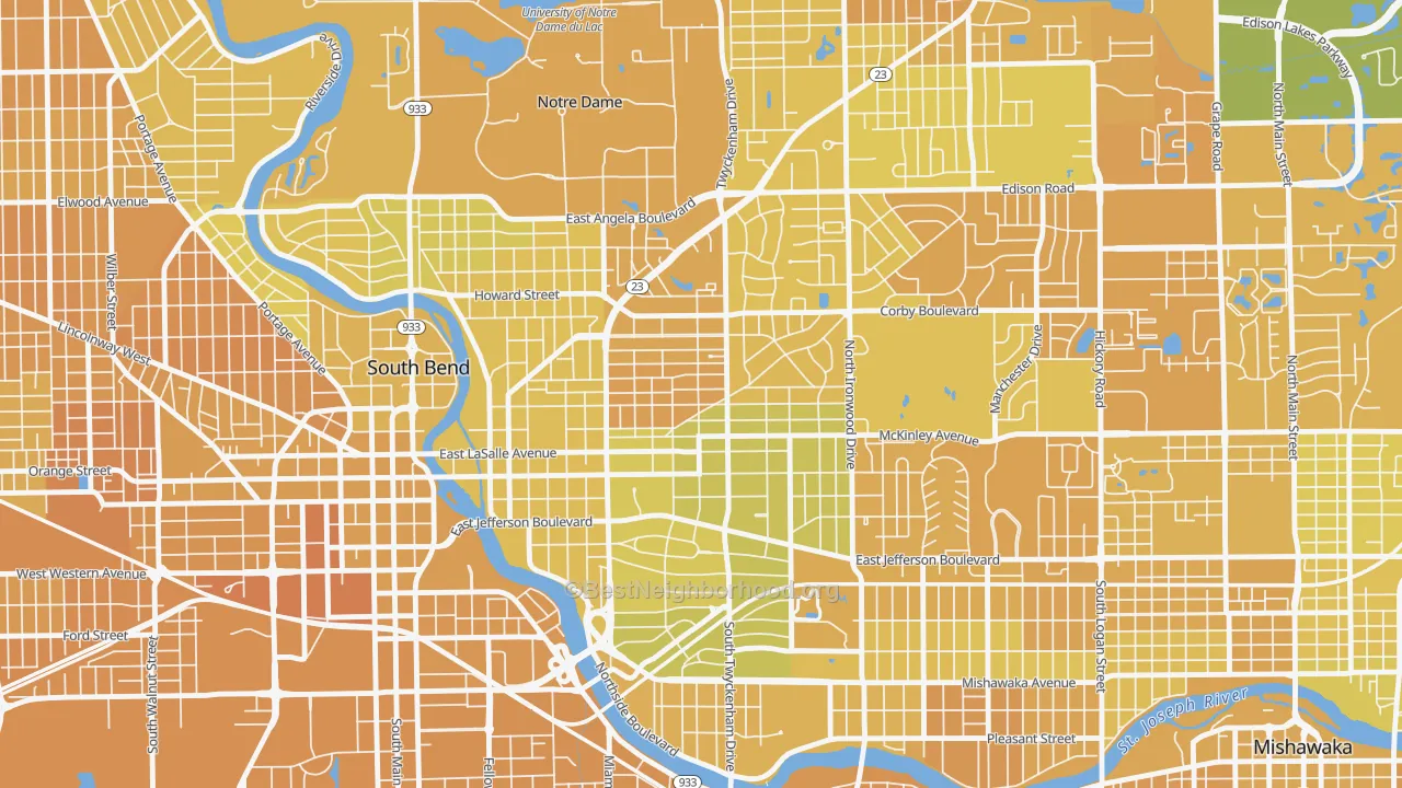 Map of the best neighborhoods in the Northeast, South Bend area, with better matches in green and worse matches in red