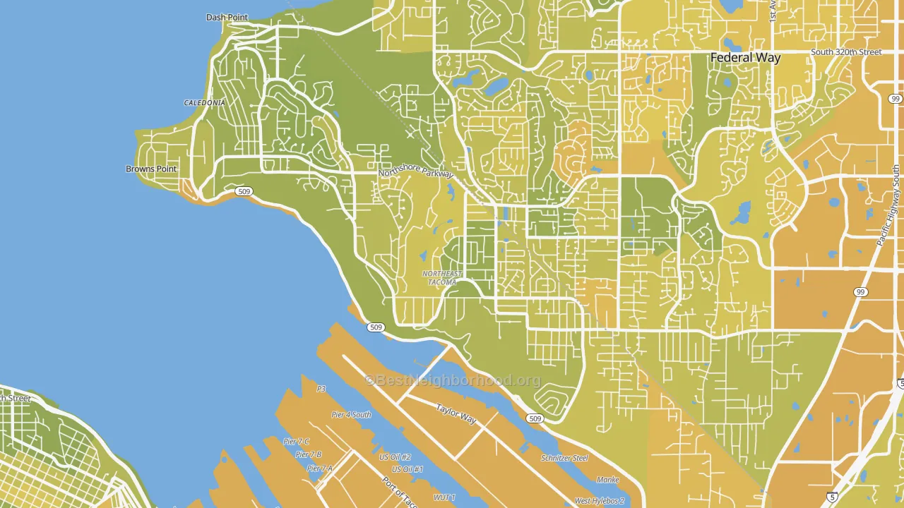 Map of the best neighborhoods in the Northeast Tacoma, Tacoma area, with better matches in green and worse matches in red