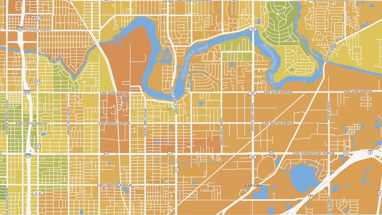 Map of the best neighborhoods in the Northeast, Tampa area, with better matches in green and worse matches in red
