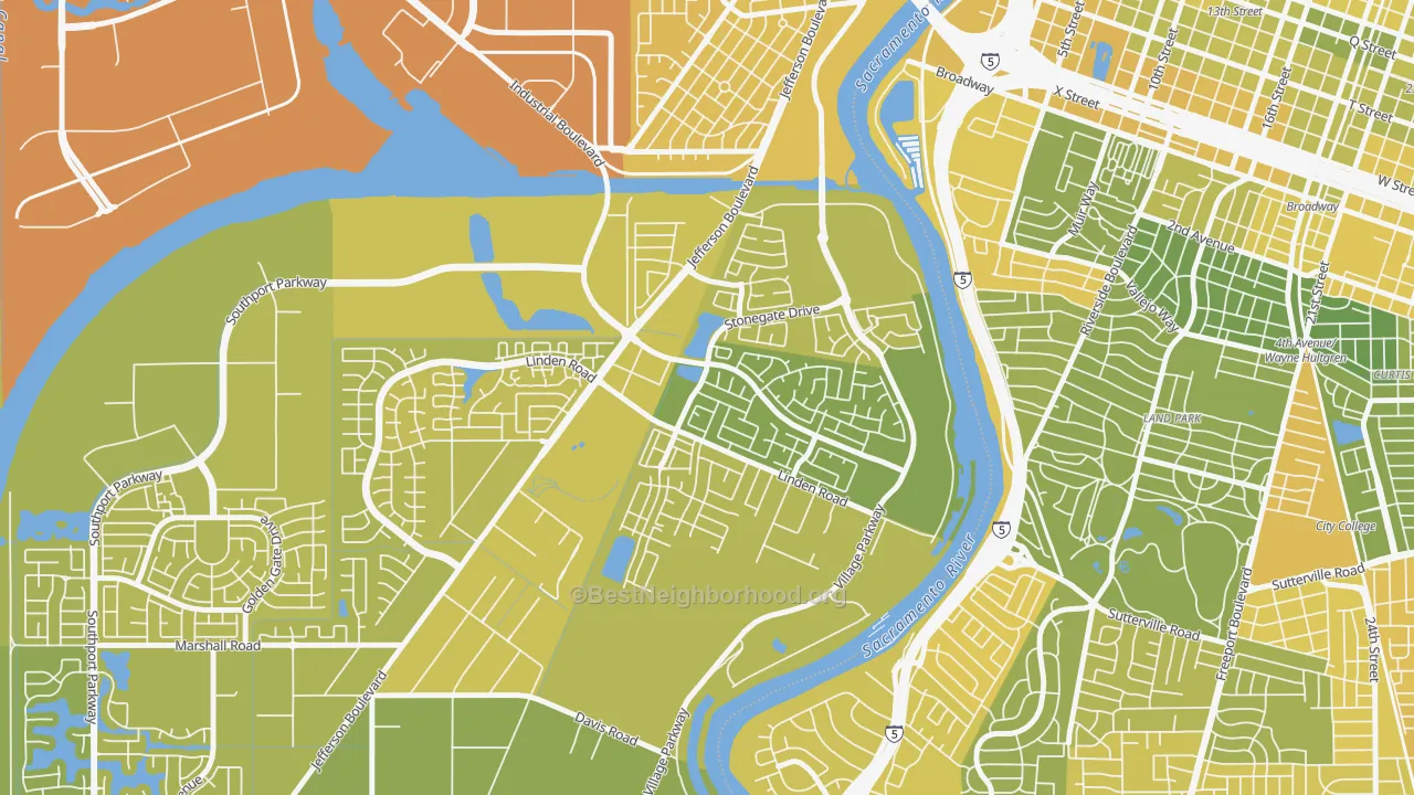 Map of the best neighborhoods in the Northeast Village, West Sacramento area, with better matches in green and worse matches in red