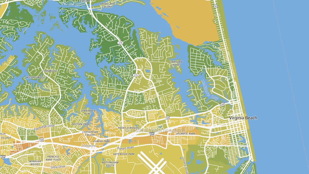 Map of the best neighborhoods in the Northeast, Virginia Beach area, with better matches in green and worse matches in red
