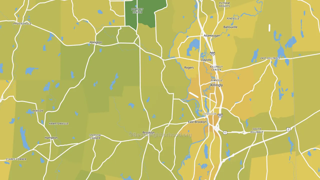Map of the best neighborhoods in the Northeastern Connecticut Planning Region area, with better matches in green and worse matches in red