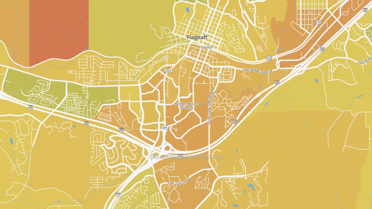 Map of the best neighborhoods in the Northern Arizona University, Flagstaff area, with better matches in green and worse matches in red