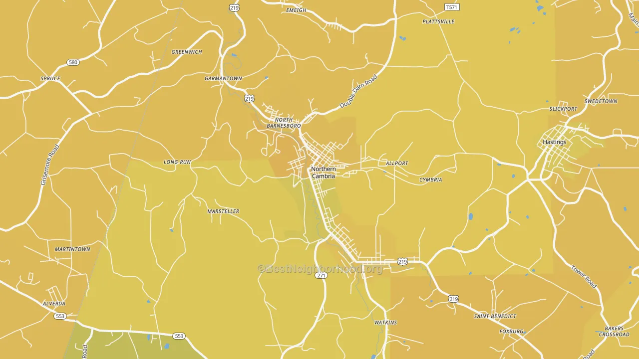 Map of the best neighborhoods in the Northern Cambria area, with better matches in green and worse matches in red