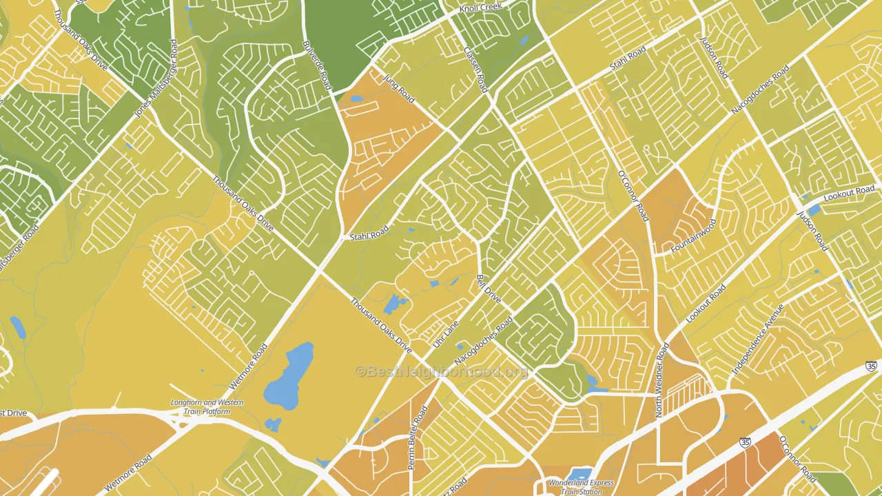 Map of the best neighborhoods in the Northern Hills, San Antonio area, with better matches in green and worse matches in red