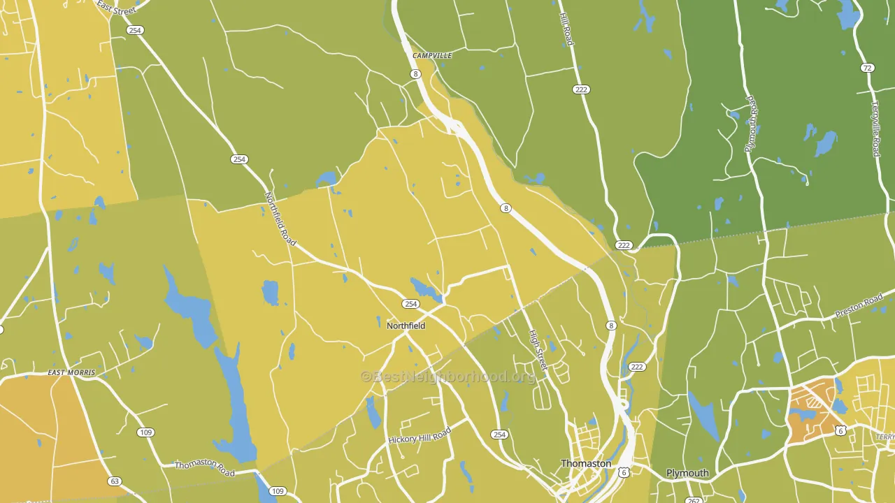 Map of the best neighborhoods in the Northfield area, with better matches in green and worse matches in red