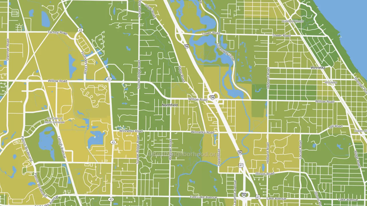 Map of the best neighborhoods in the Northfield area, with better matches in green and worse matches in red