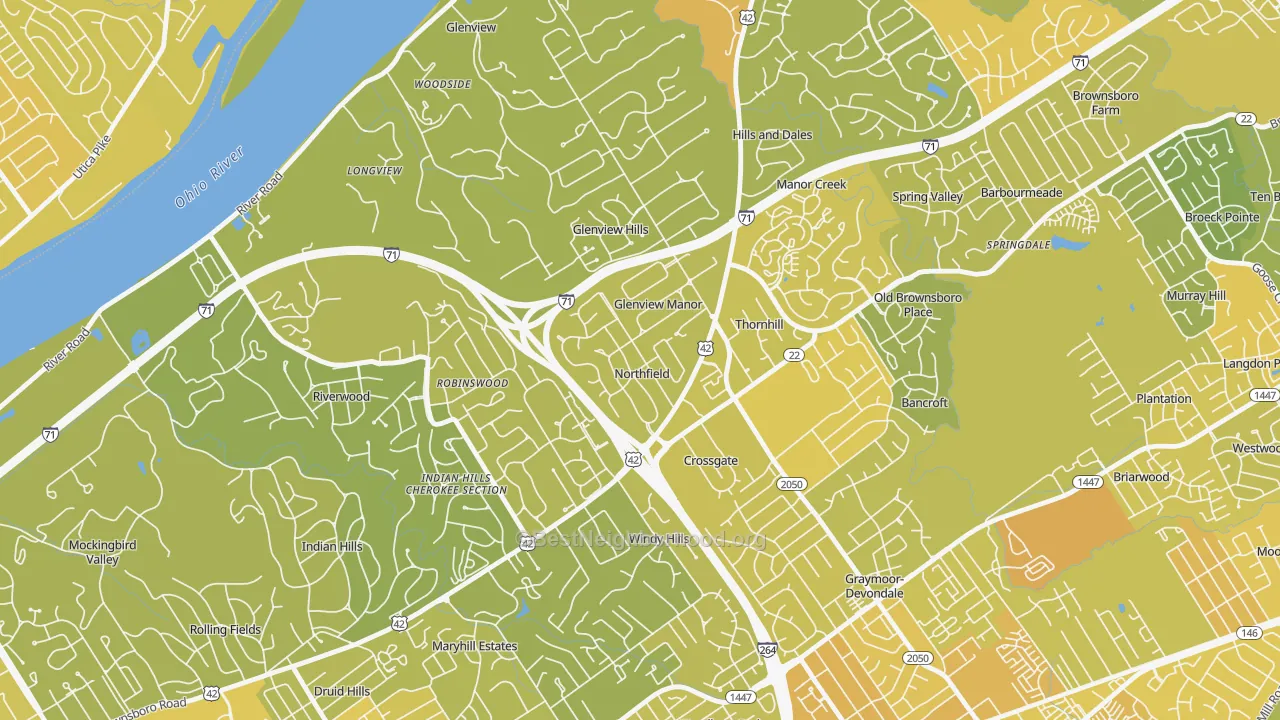 Map of the best neighborhoods in the Northfield area, with better matches in green and worse matches in red
