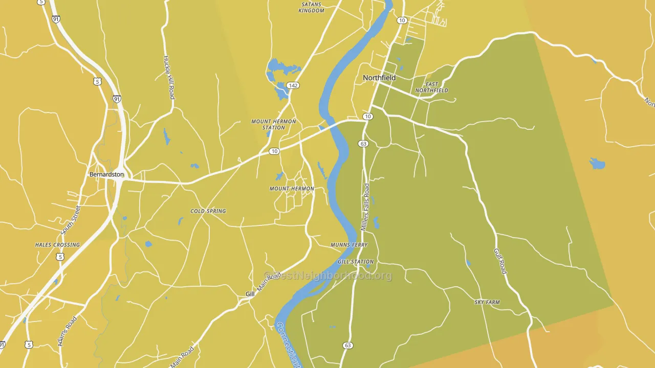 Map of the best neighborhoods in the Northfield area, with better matches in green and worse matches in red