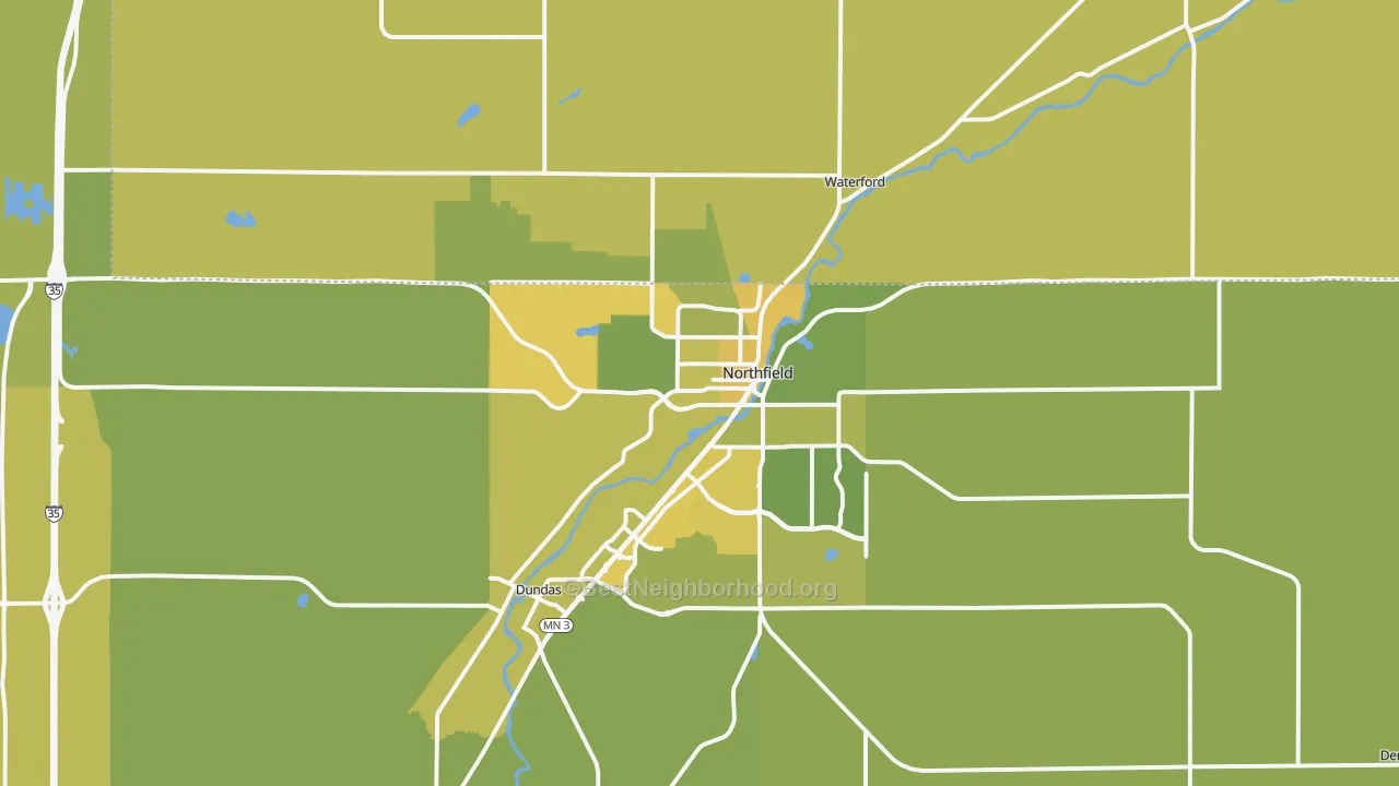 Map of the best neighborhoods in the Northfield area, with better matches in green and worse matches in red