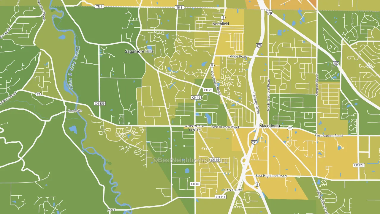 Map of the best neighborhoods in the Northfield area, with better matches in green and worse matches in red