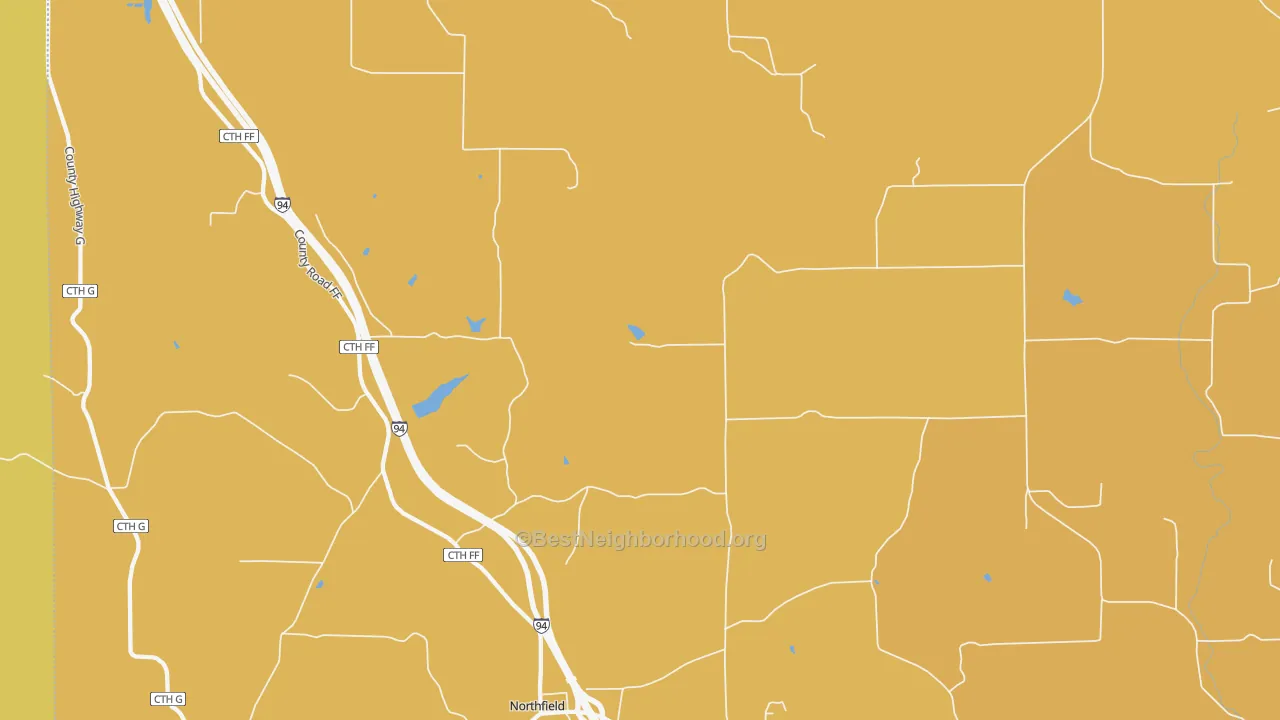 Map of the best neighborhoods in the Northfield area, with better matches in green and worse matches in red
