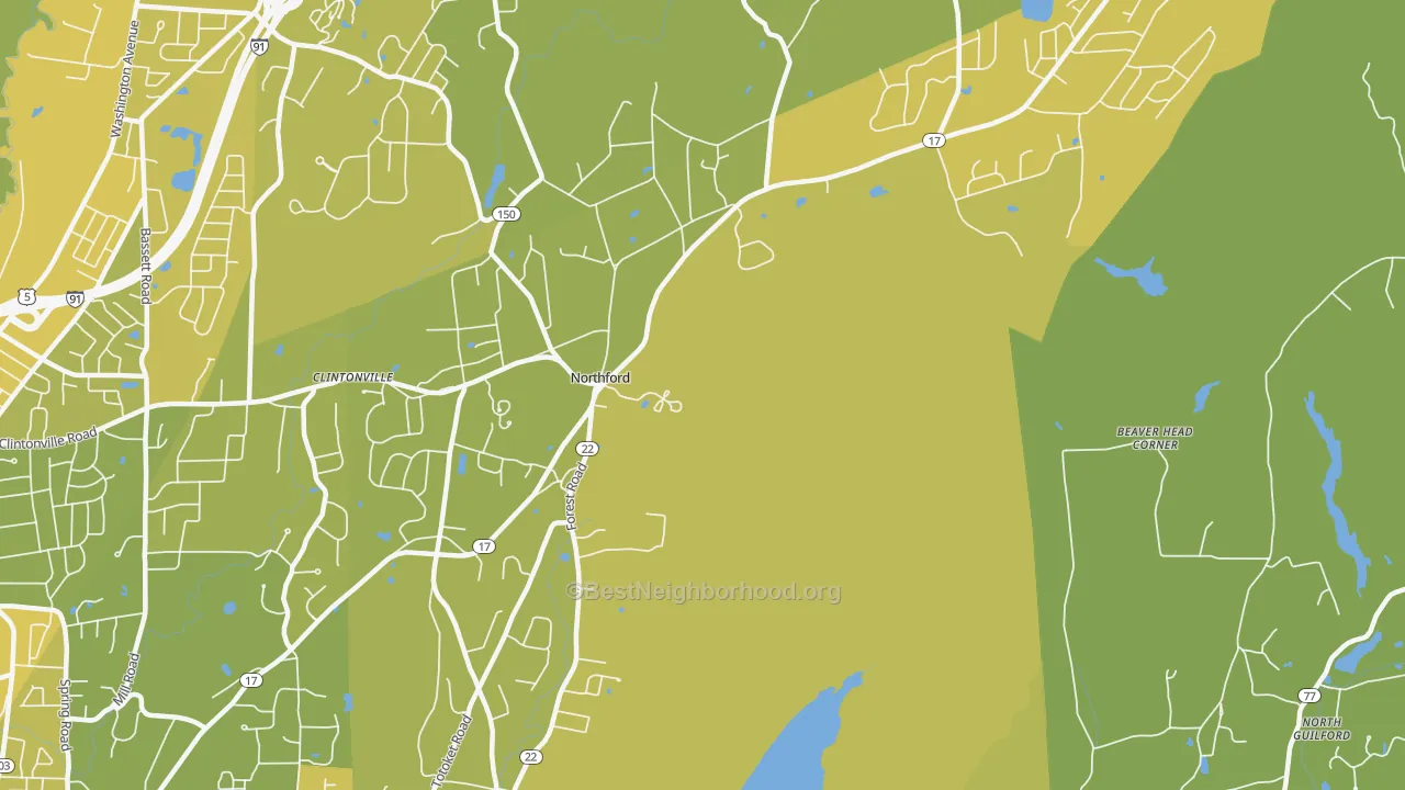 Map of the best neighborhoods in the Northford area, with better matches in green and worse matches in red