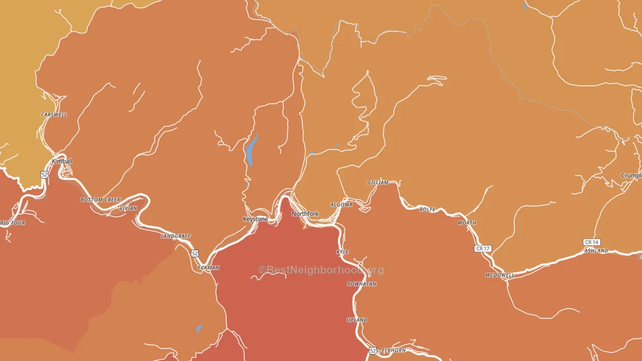 Map of the best neighborhoods in the Northfork area, with better matches in green and worse matches in red