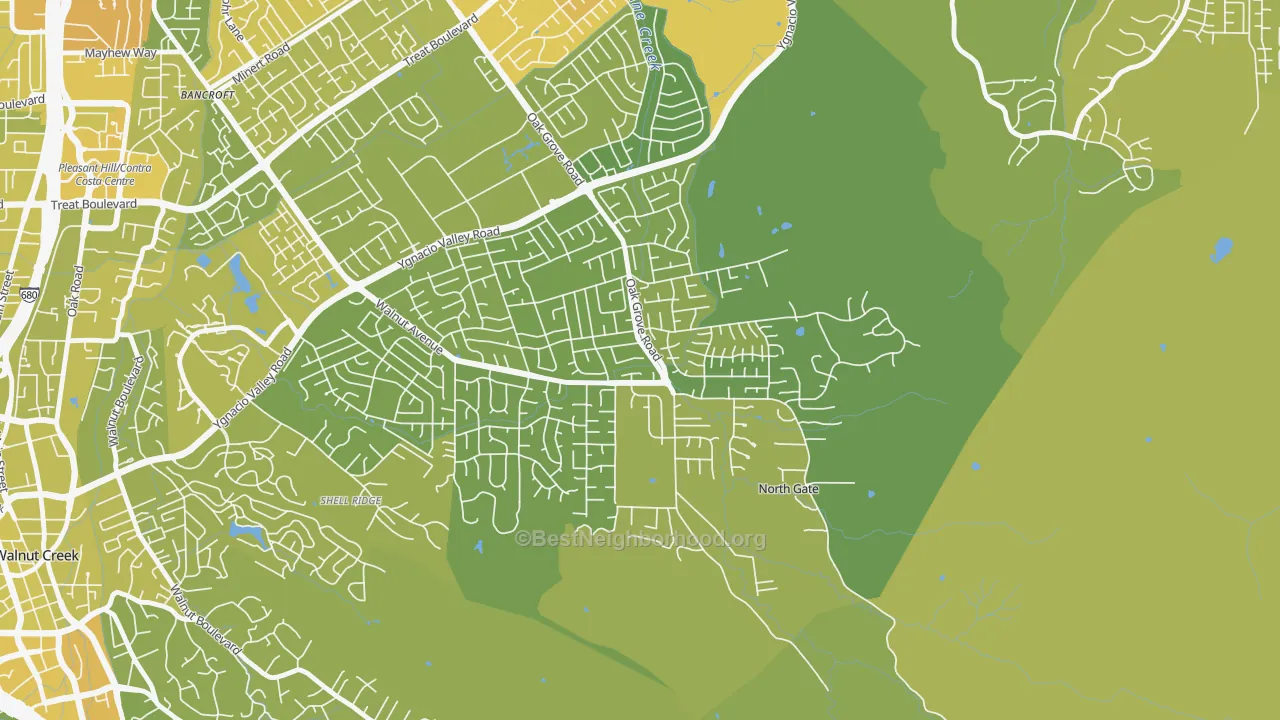 Map of the best neighborhoods in the Northgate Area, Walnut Creek area, with better matches in green and worse matches in red