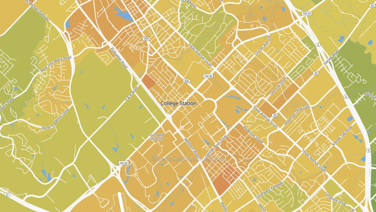 Map of the best neighborhoods in the Northgate, College Station area, with better matches in green and worse matches in red