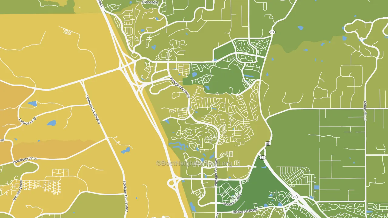 Map of the best neighborhoods in the Northgate, Colorado Springs area, with better matches in green and worse matches in red
