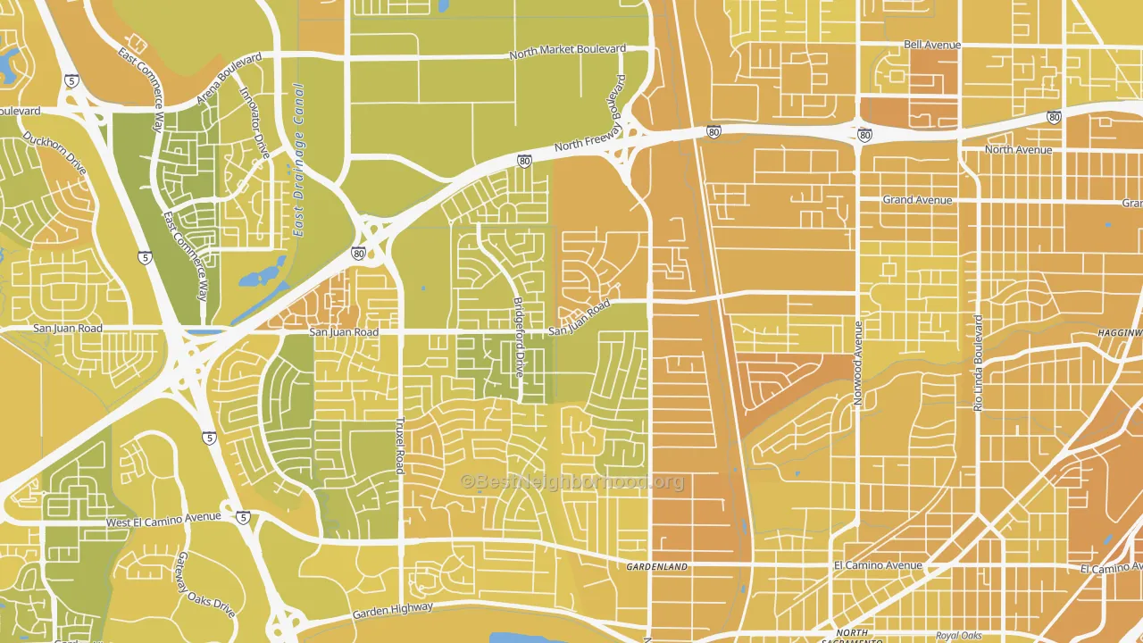 Map of the best neighborhoods in the Northgate Sacramento, Sacramento area, with better matches in green and worse matches in red