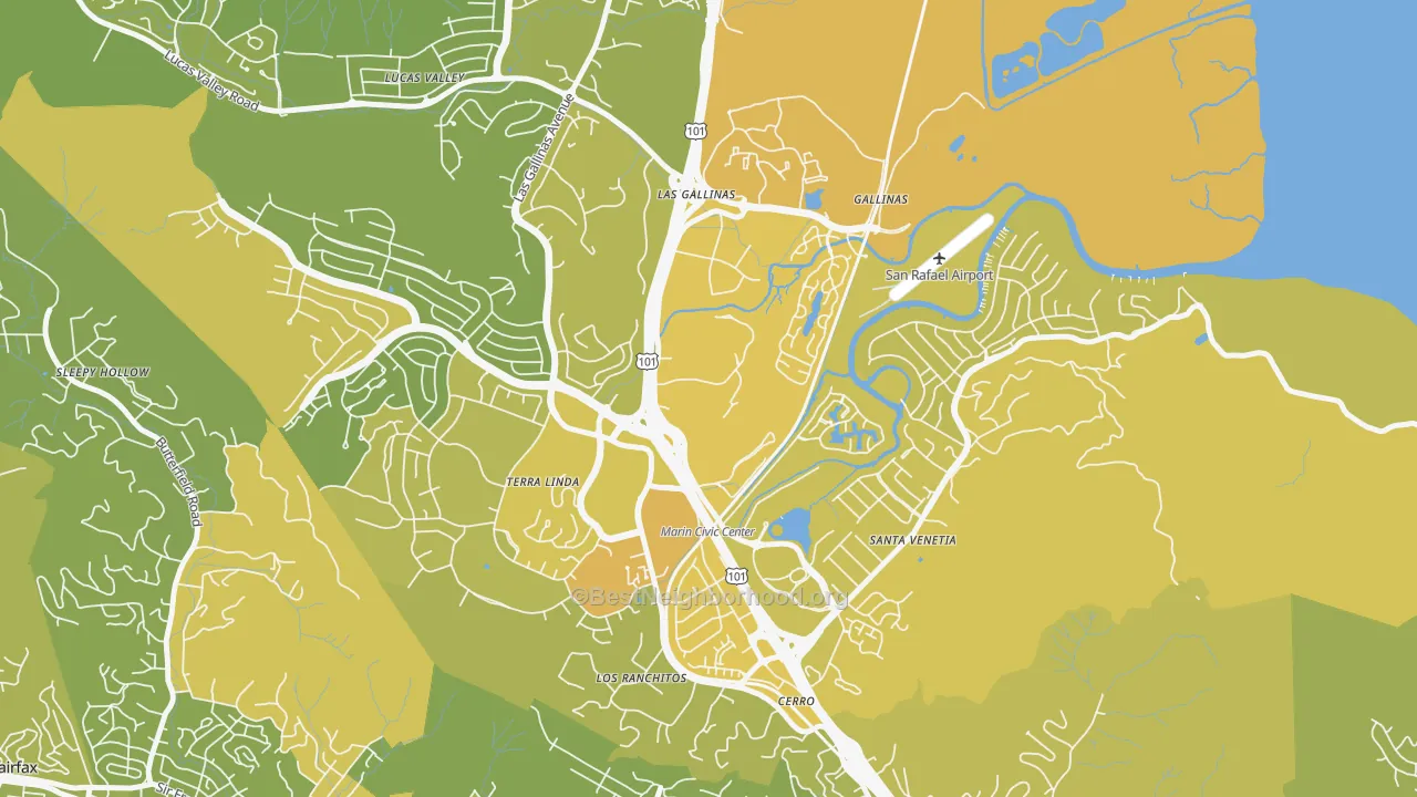 Map of the best neighborhoods in the Northgate, San Rafael area, with better matches in green and worse matches in red