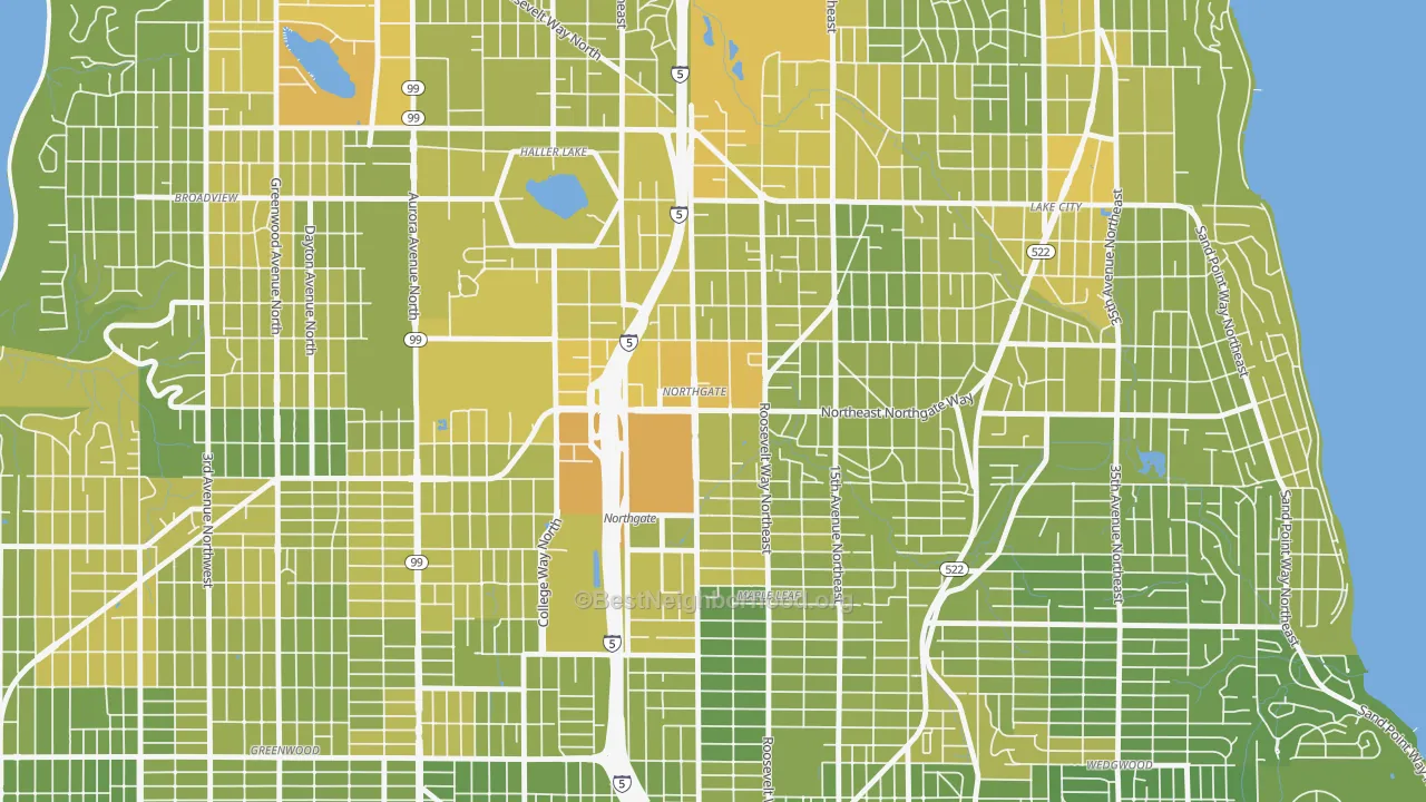 Map of the best neighborhoods in the Northgate, Seattle area, with better matches in green and worse matches in red
