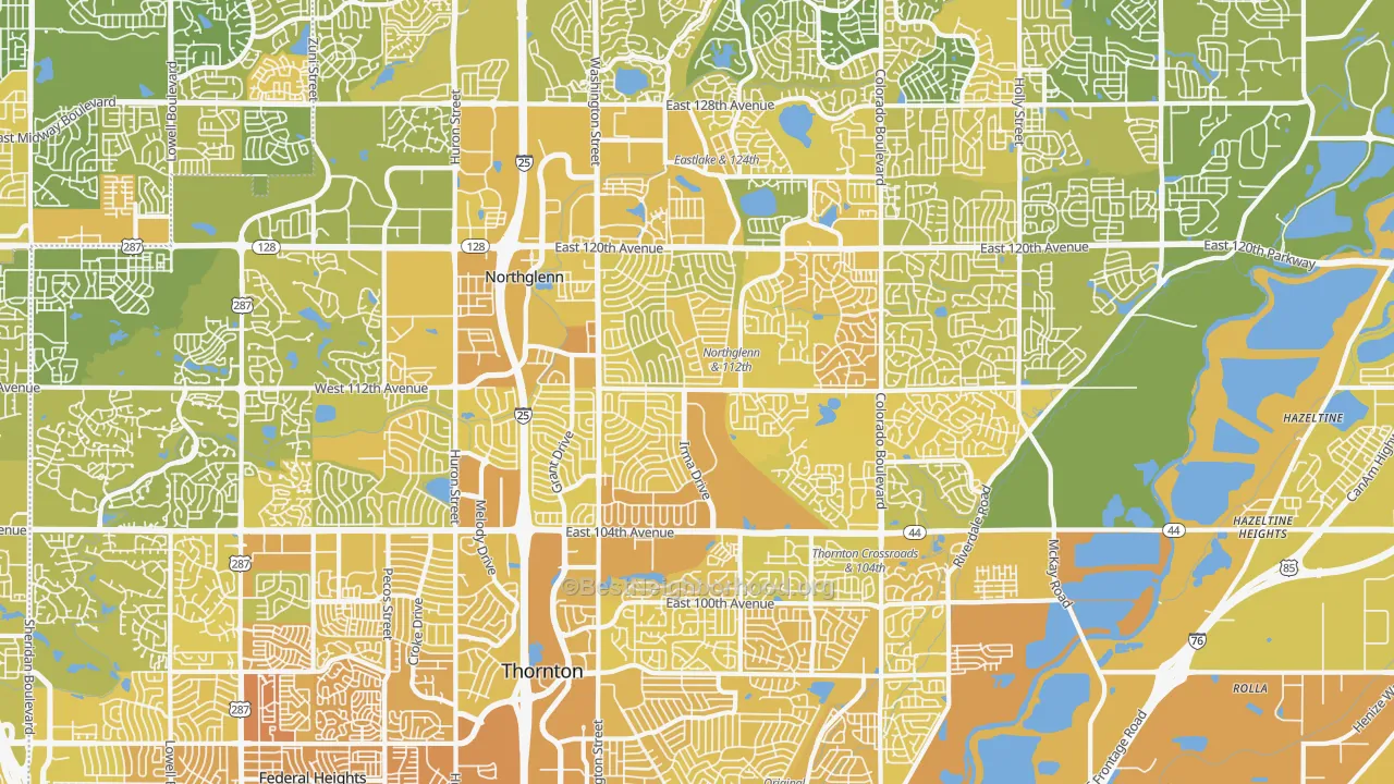 Map of the best neighborhoods in the Northglenn area, with better matches in green and worse matches in red
