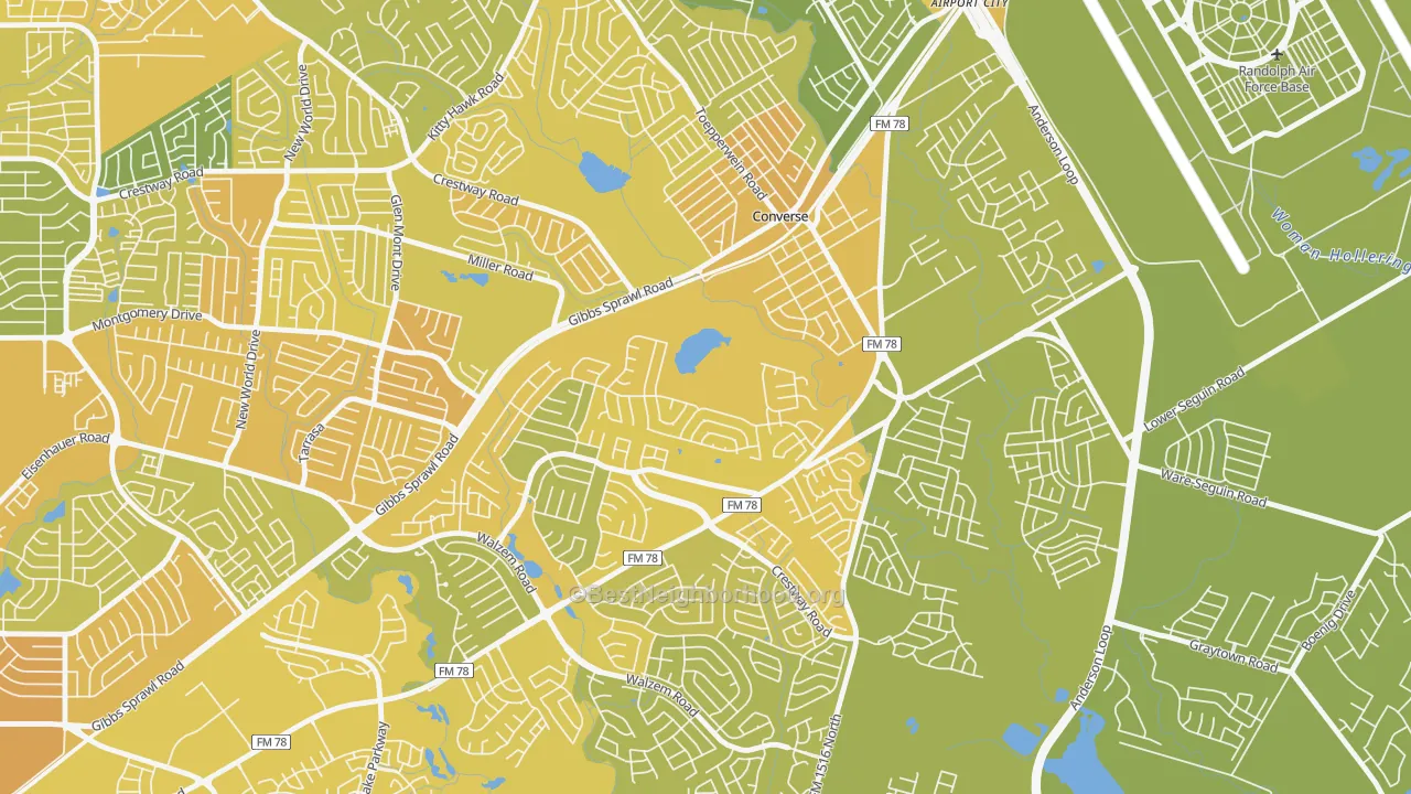 Map of the best neighborhoods in the Northhampton, Converse area, with better matches in green and worse matches in red