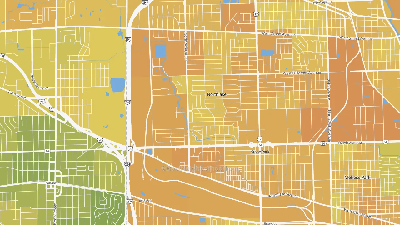 Map of the best neighborhoods in the Northlake area, with better matches in green and worse matches in red