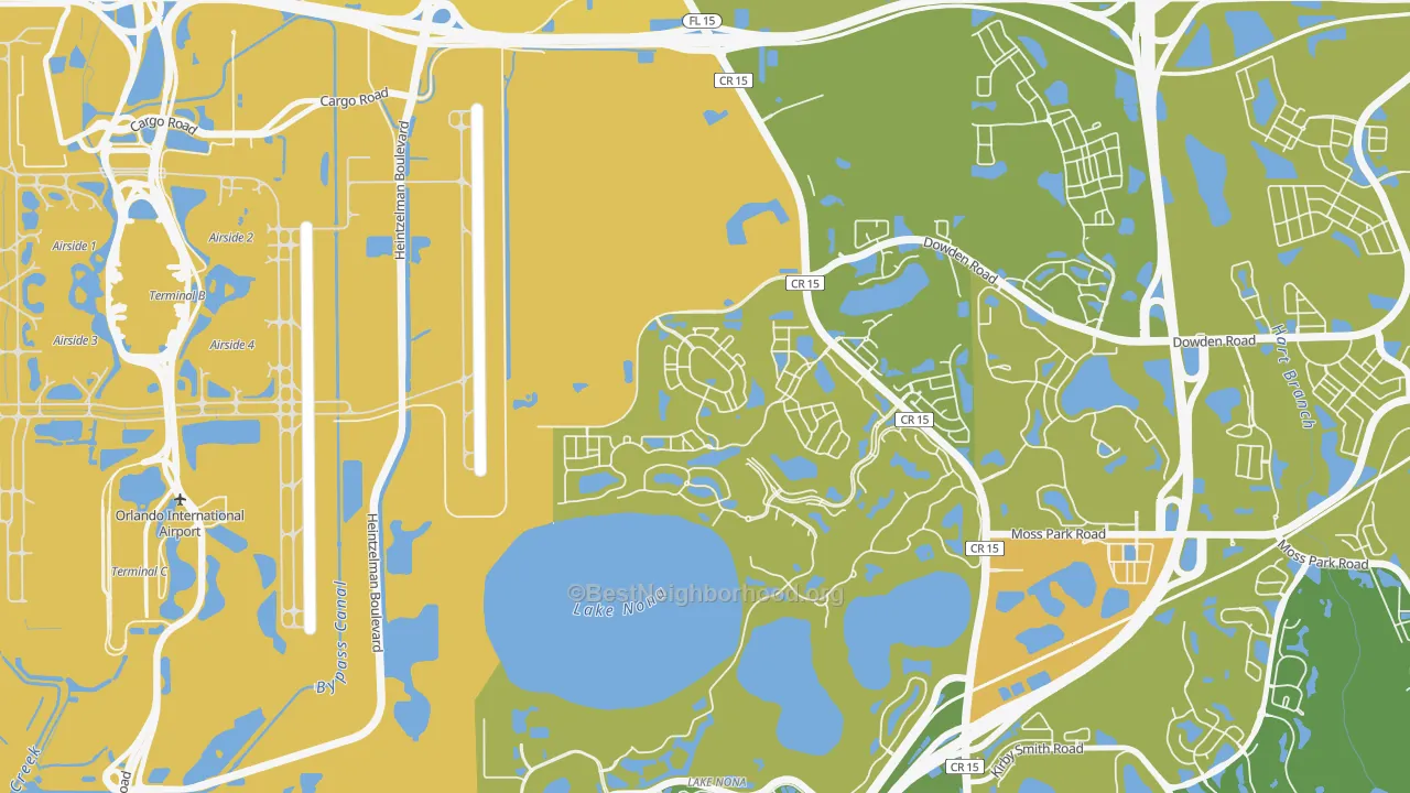 Map of the best neighborhoods in the Northlake Park at Lake Nona, Orlando area, with better matches in green and worse matches in red