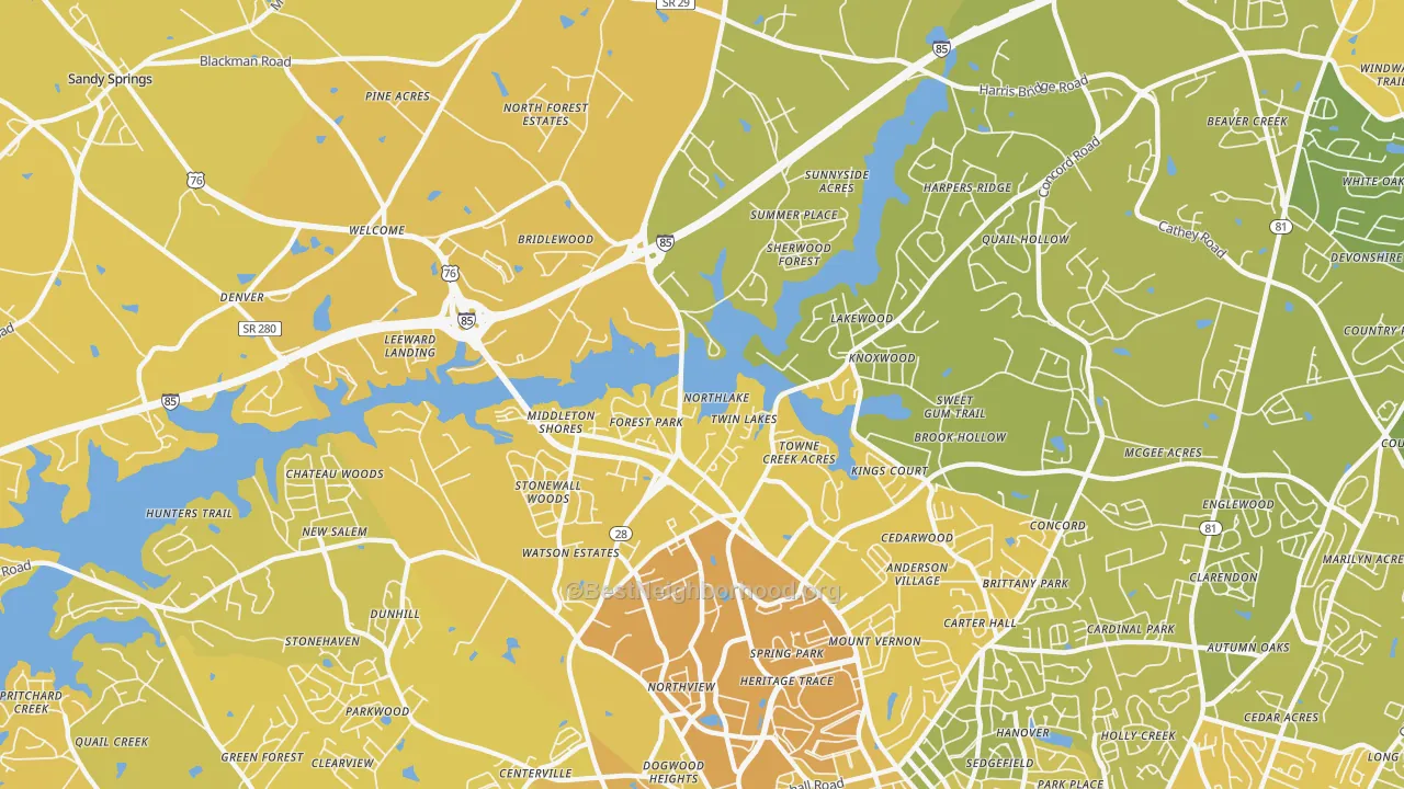 Map of the best neighborhoods in the Northlake area, with better matches in green and worse matches in red