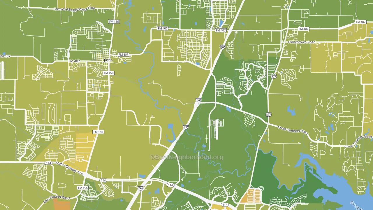 Map of the best neighborhoods in the Northlake area, with better matches in green and worse matches in red