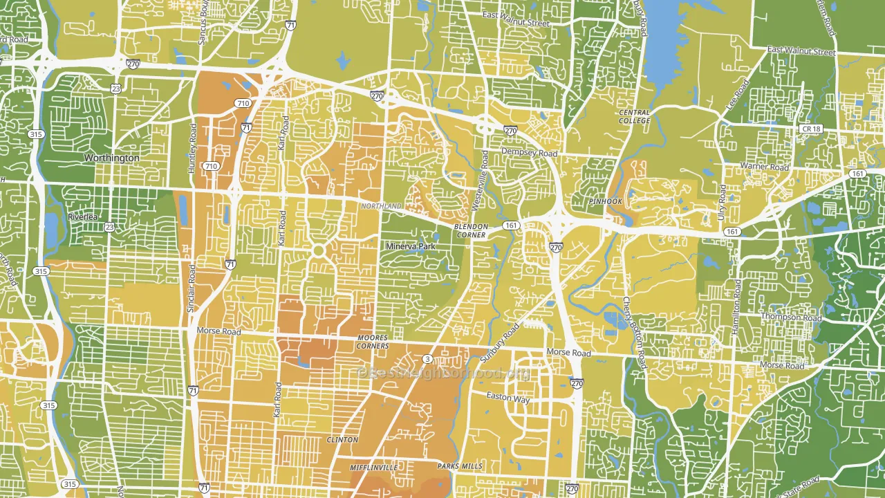 Map of the best neighborhoods in the Northland, Columbus area, with better matches in green and worse matches in red