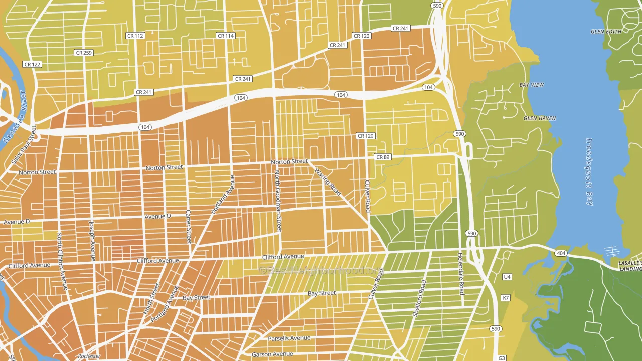 Map of the best neighborhoods in the Northland Lyceum, Rochester area, with better matches in green and worse matches in red