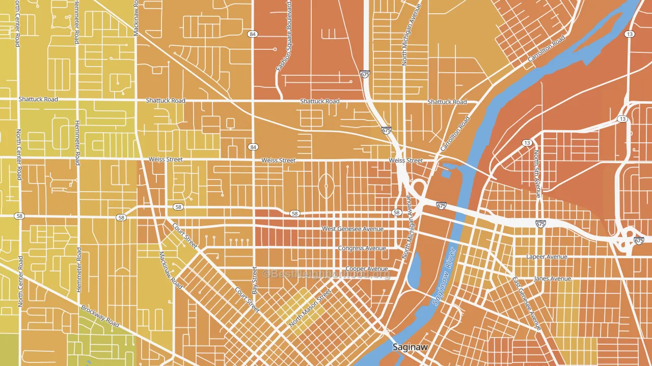 Map of the best neighborhoods in the Northmoor, Saginaw area, with better matches in green and worse matches in red