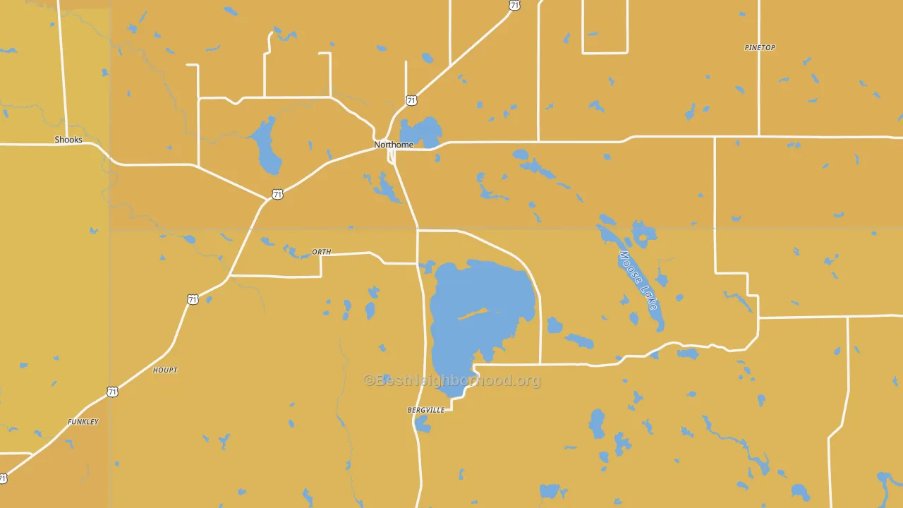 Map of the best neighborhoods in the Northome area, with better matches in green and worse matches in red