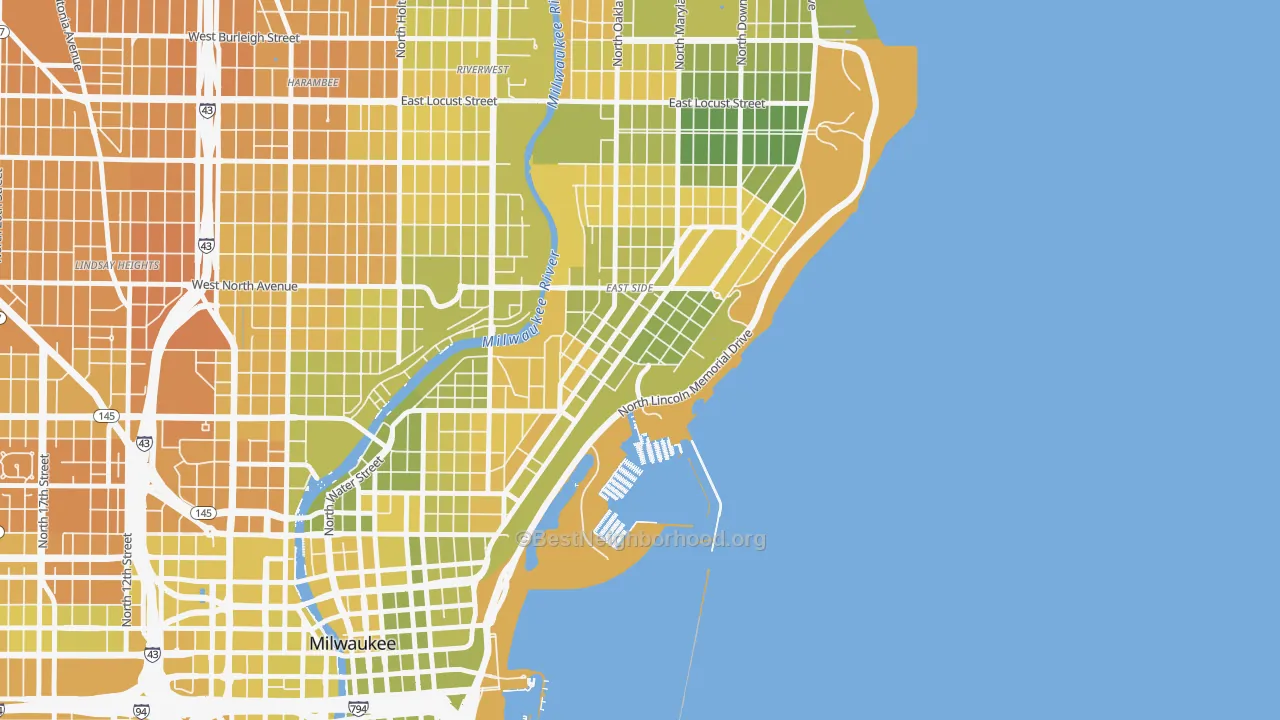 Map of the best neighborhoods in the Northpoint, Milwaukee area, with better matches in green and worse matches in red