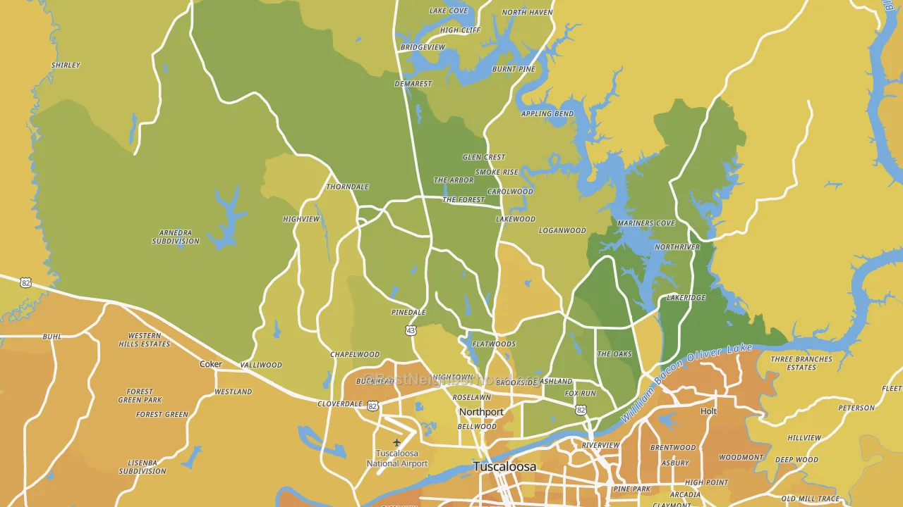 Map of the best neighborhoods in the Northport area, with better matches in green and worse matches in red