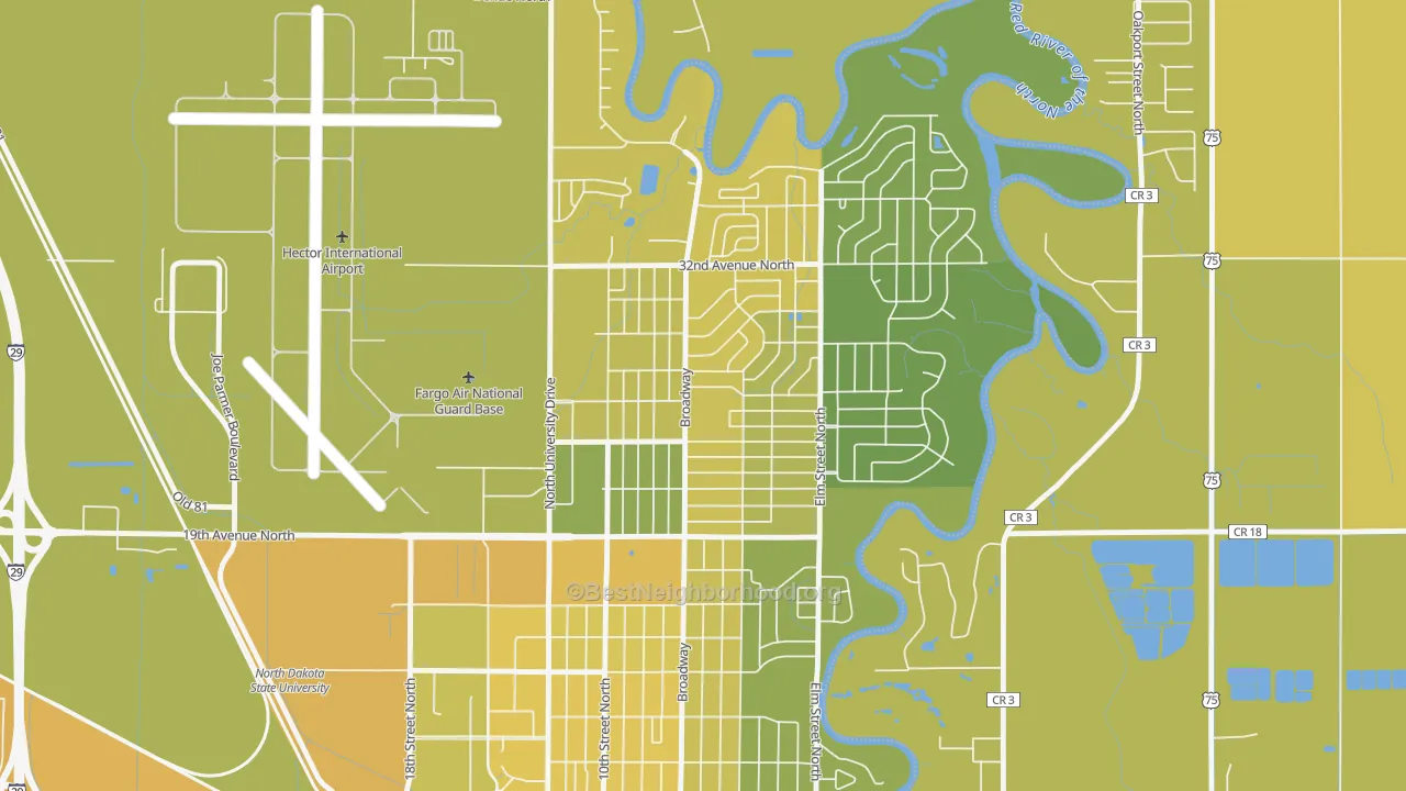 Map of the best neighborhoods in the Northport, Fargo area, with better matches in green and worse matches in red