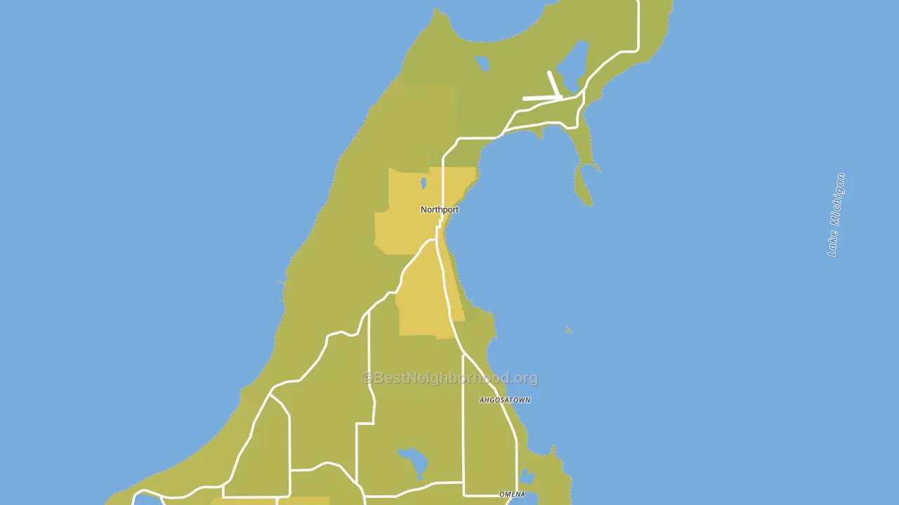 Map of the best neighborhoods in the Northport area, with better matches in green and worse matches in red