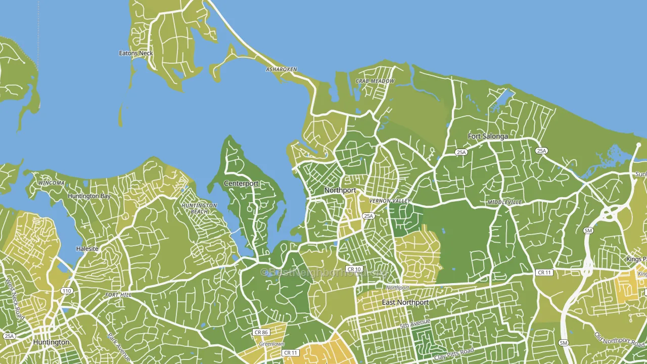 Map of the best neighborhoods in the Northport area, with better matches in green and worse matches in red